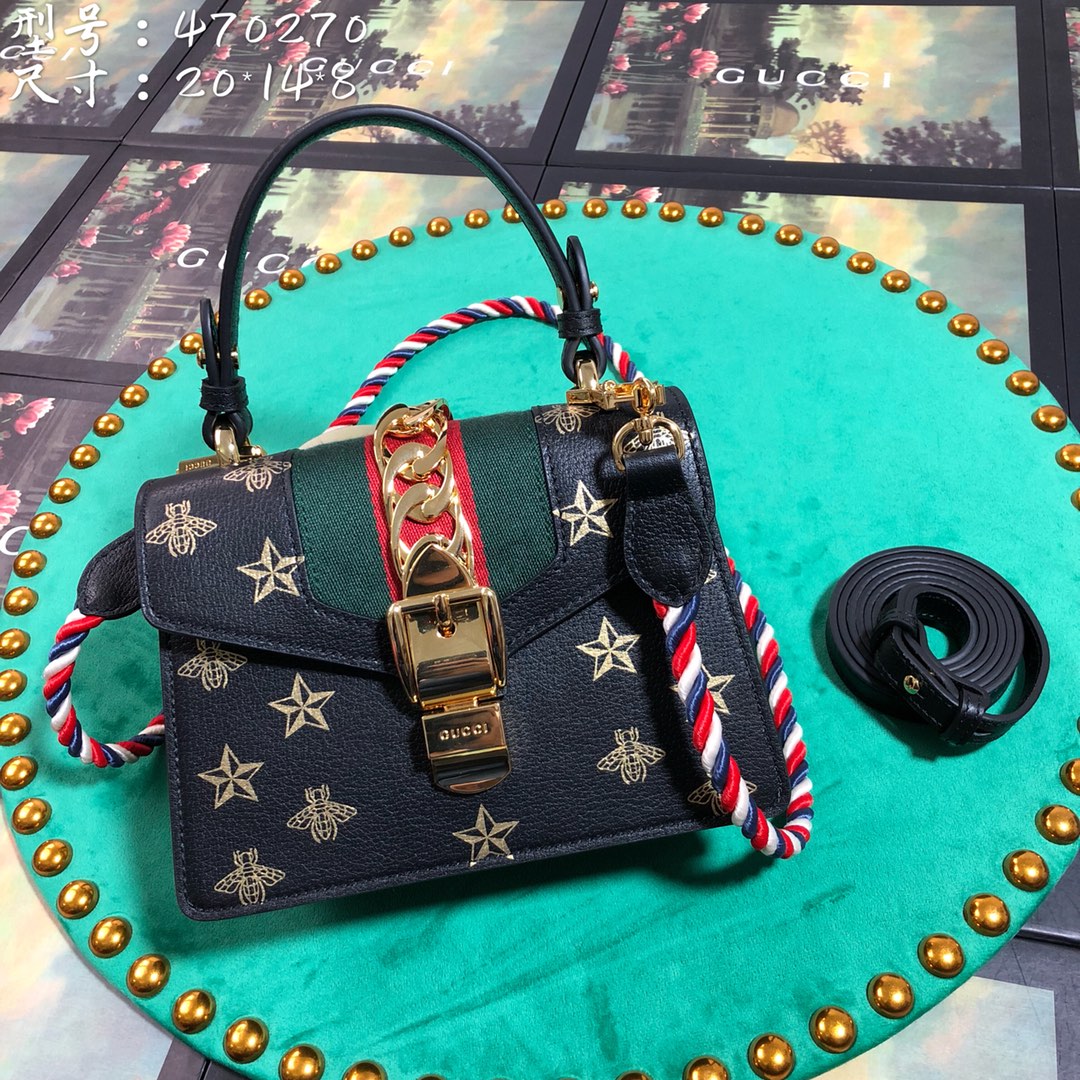 Gucci Sylvie Bee Star Mini Shoulder Bag 470270 Black